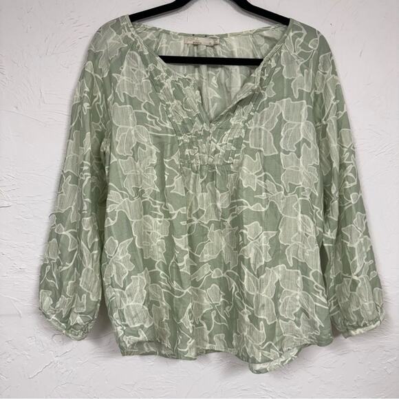 Prana Green Floral Print Blouse Womens Large Boho Long Sleeve Casual Beachy - Picture 1 of 11